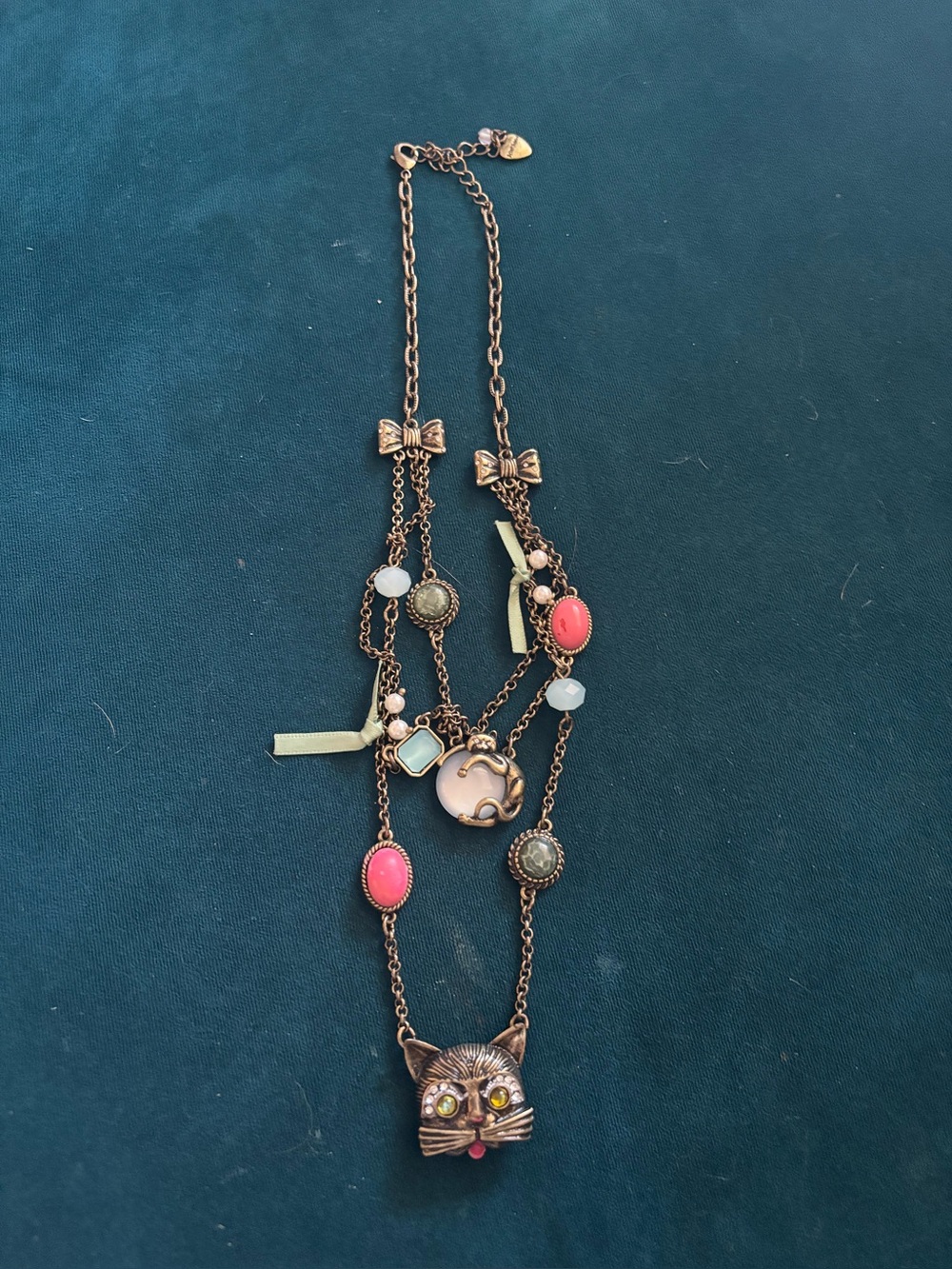 Vintage-Inspired Cat Pendant Necklace with Pink and Coral Accents